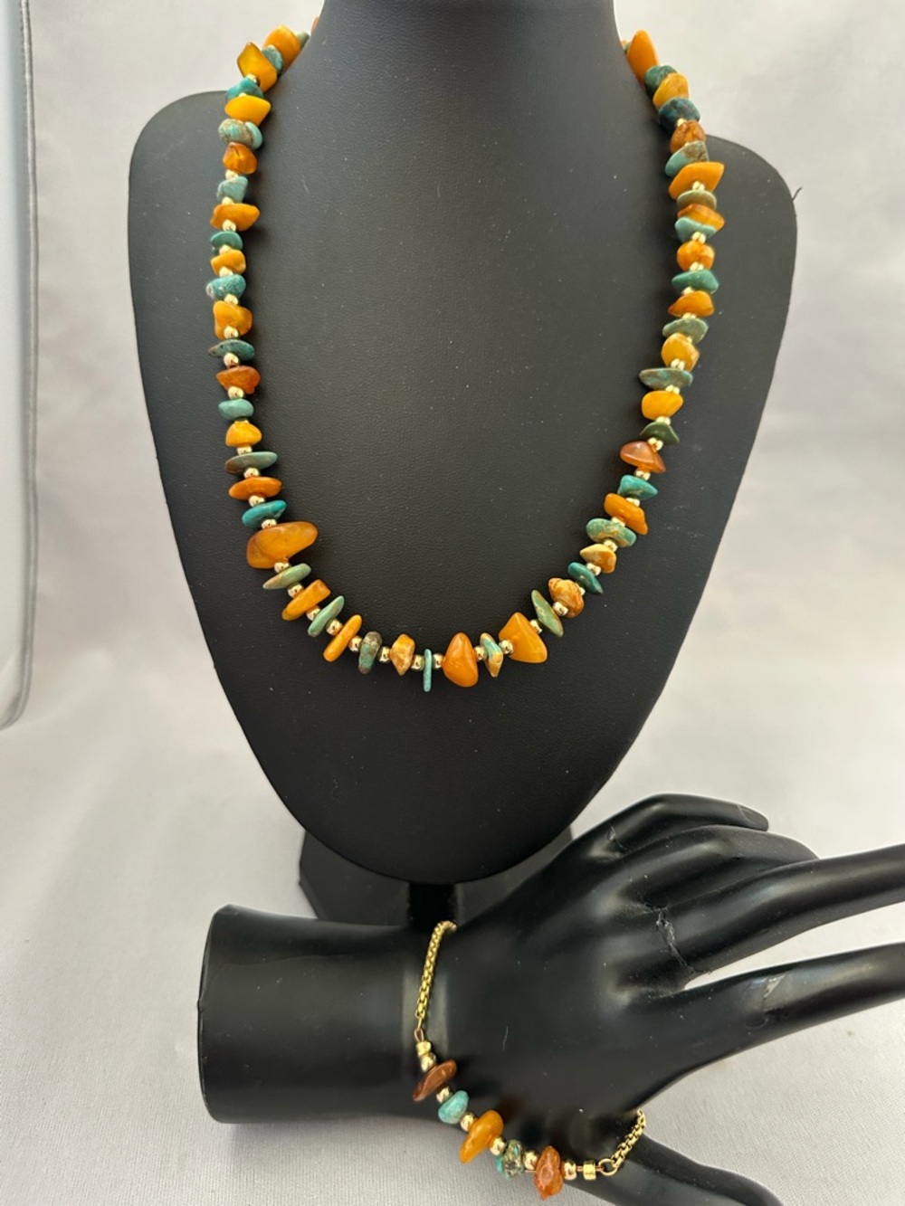 Amber and Turquoise Chip Necklace and Bracelet Set - Women Jewelry